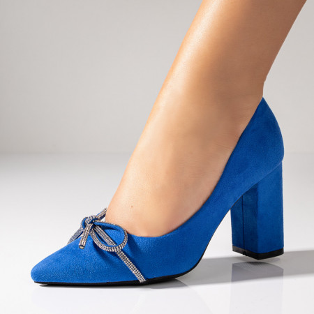 Pantofi cu toc gros dama, Pantofi dama cu toc si fundita albastri suede ZEF06131 - zeforia.ro