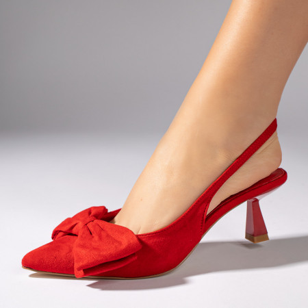 Pantofi cu toc gros dama, Pantofi dama cu toc si fundita rosii suede ZEF11090 - zeforia.ro