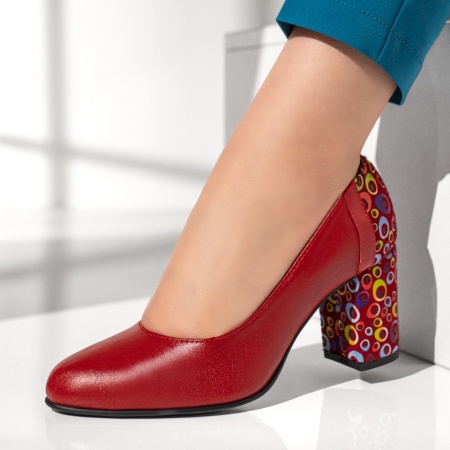 Pantofi dama, Pantofi dama cu toc si imprimeu rosii din Piele naturala MOD13079, modlet.ro
