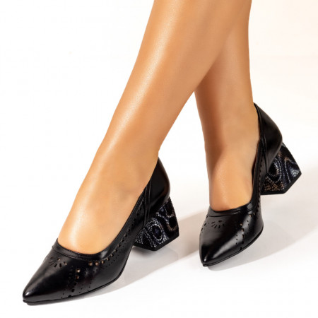 Pantofi dama cu toc si perforatii negri din Piele naturala MOD10240, 3, modlet.ro