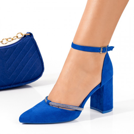 Pantofi cu toc, Pantofi dama cu toc si pietre aplicate albastri suede ZEF09809 - zeforia.ro