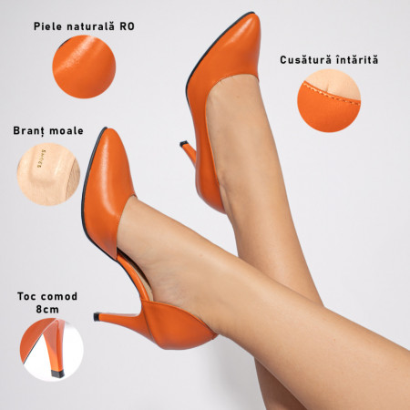 Incaltaminte dama, Pantofi dama cu toc subtire portocalii din Piele naturala ZEF08078 - zeforia.ro