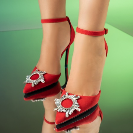Pantofi dama cu toc subtire si accesoriu decorativ rosu suede MOD13915, 4, modlet.ro