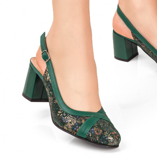 Pantofi dama cu toc verzi cu model floral din Piele naturala MDL07641