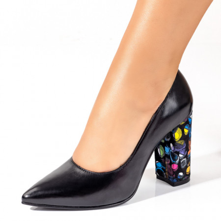 Pantofi dama negri cu toc gros multicolor din Piele naturala MOD10219, 2, modlet.ro