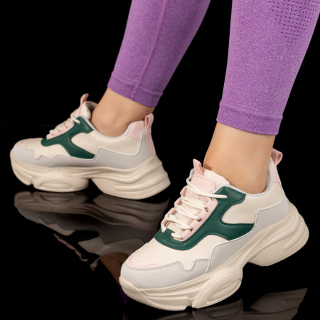 Adidasi dama, Pantofi dama sport cu talpa groasa bej cu verde MOD10027, modlet.ro
