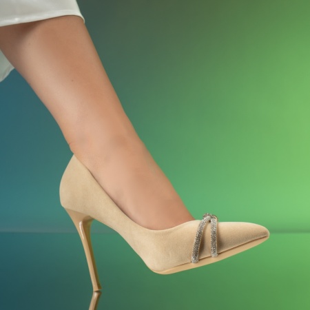 Pantofi dama Stiletto cu pietre aplicate bej suede LIA94, 2, modlet.ro
