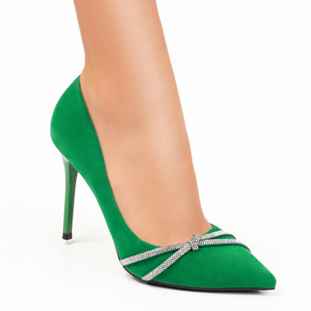 Pantofi cu toc, Pantofi dama verzi Stiletto cu toc subtire si pietre aplicate ZEF06138 - zeforia.ro