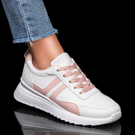 Pantofi sport albi cu roz si talpa groasa MDL05871