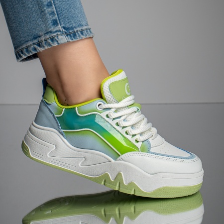 Adidasi dama, Pantofi sport albi cu verde dama MOD11665, modlet.ro