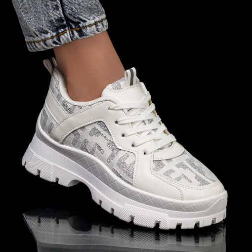 Pantofi sport dama albi cu siret si talpa groasa MDL05859