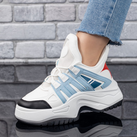 Plateste Jumatate!, Pantofi sport dama cu talpa groasa albi cu albastru MOD09845, modlet.ro