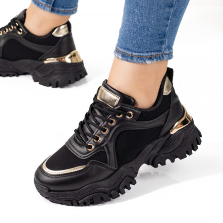 Adidasi dama, Pantofi sport dama cu talpa groasa negri cu auriu MOD09796, modlet.ro