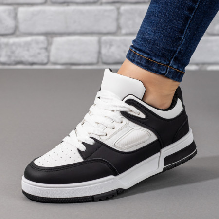 Adidasi dama, Pantofi sport dama cu talpa joasa albi cu negru MOD09815, modlet.ro