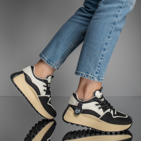 Pantofi sport negri cu siret si talpa groasa bej MOD11663, 3, modlet.ro