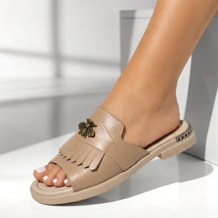 Papuci casual dama cu accesoriu metalic bej din Piele naturala GETA3, 2, modlet.ro