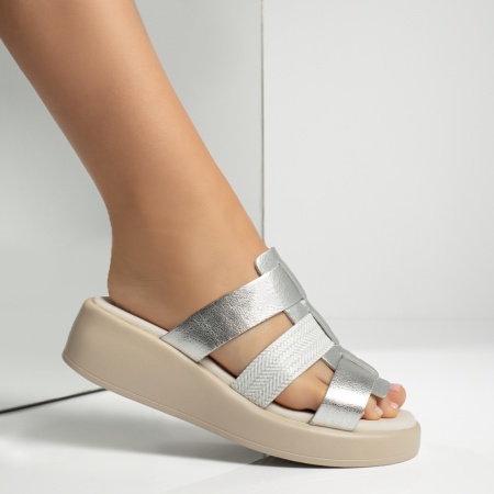 Papuci casual dama cu platforma argintii din Piele naturala ZEF13625, 3, zeforia.ro