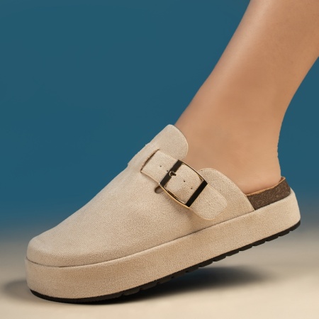 Papuci si slapi dama, Papuci casual dama cu talpa groasa si imprimeu bej suede MOD13446, modlet.ro
