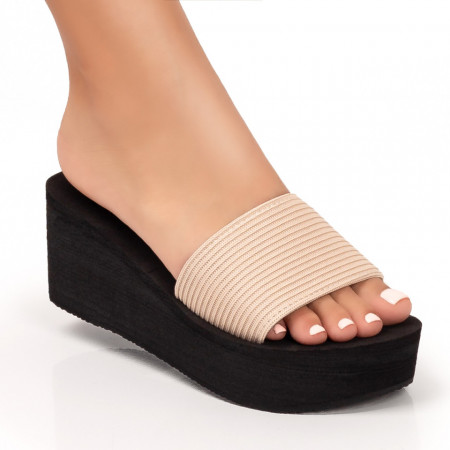 Papuci si slapi dama, Papuci dama cu platforma din material textil bej MOD05369, modlet.ro