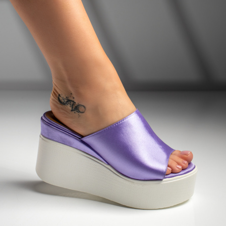Papuci si slapi dama, Papuci dama cu platforma mov din satin MOD09392, modlet.ro