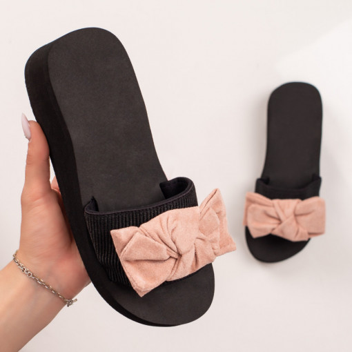Papuci si slapi dama, Papuci dama cu platforma si fundita roz cu negru MOD05046, modlet.ro