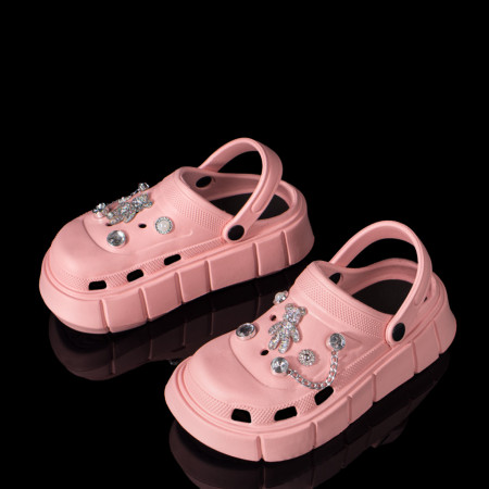 Papuci si slapi dama, Papuci dama cu talpa groasa si accesorii decorative roz MOD09260, modlet.ro
