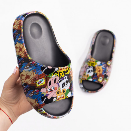 Papuci si slapi dama, Papuci dama negri cu print MOD08477, modlet.ro