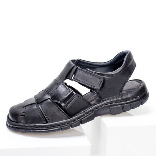 Sandale barbati negre din Piele cu inchidere cu scai ZEF05014