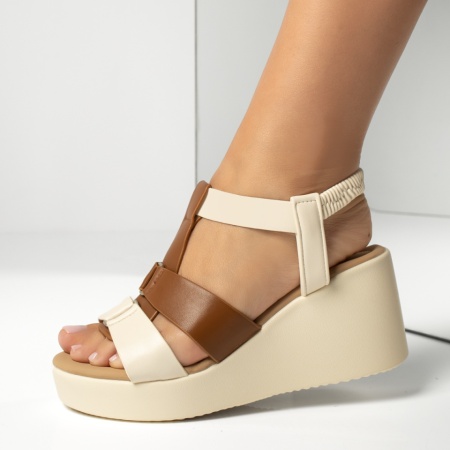 Sandale dama cu platforma si bareta elastica bej cu maro MOD13885
