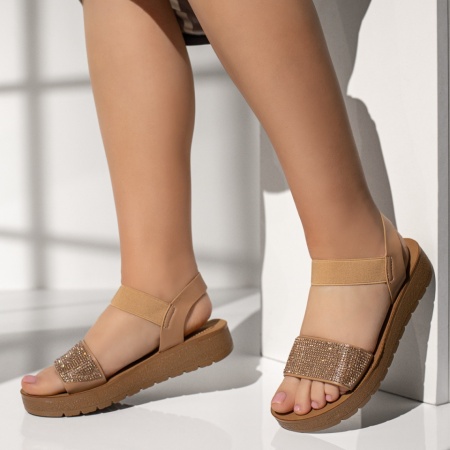 Sandale dama, Sandale dama cu talpa groasa si aplicatii cu pietre maro MOD13384, modlet.ro