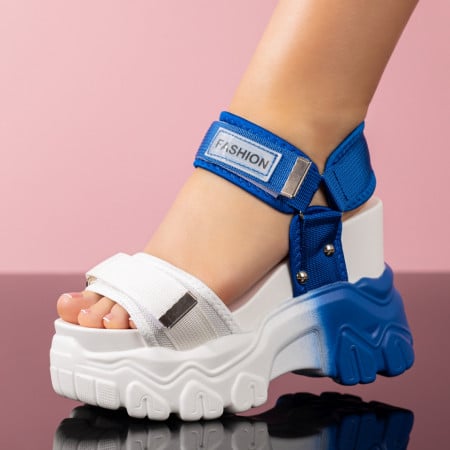 Sandale cu platforma, Sandale dama cu talpa groasa si inchidere cu scai albe cu albastru ZEF09172 - zeforia.ro