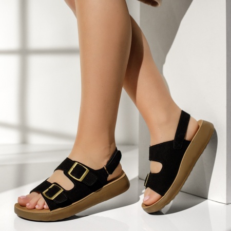 Sandale dama cu talpa joasa si inchidere cu scai negru suede MIA10, 2, modlet.ro