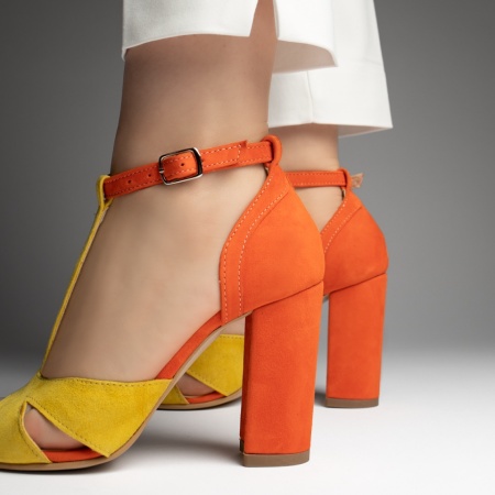 Sandale dama cu toc gros portocaliu cu galben suede din Piele naturala MOD13471, 4, modlet.ro