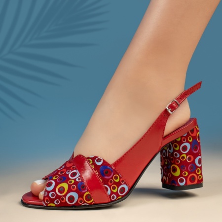 Sandale dama cu toc gros rosii din Piele naturala ZEF13450