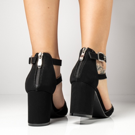 Sandale dama cu toc gros si fermoar negre suede MOD09424, 4, modlet.ro
