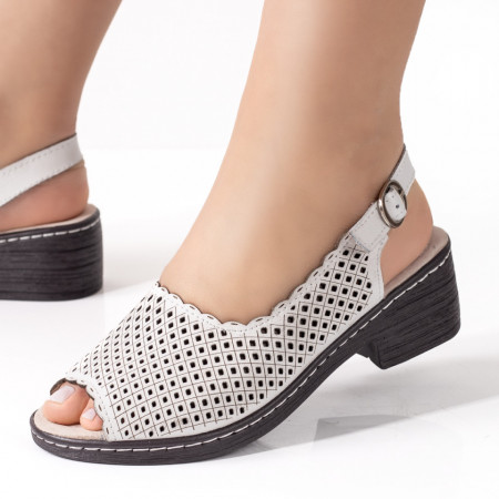 Sandale cu toc mic, Sandale dama cu toc mic din Piele naturala albe ZEF01080 - zeforia.ro