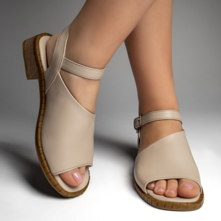 Sandale dama cu toc mic si bareta bej din Piele naturala MOD13422, 3, modlet.ro