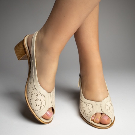 Sandale dama cu toc si perforatii bej din Piele naturala MOD13428, 3, modlet.ro