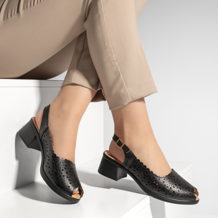 Sandale dama cu toc si perforatii negre MOD13332, 4, modlet.ro