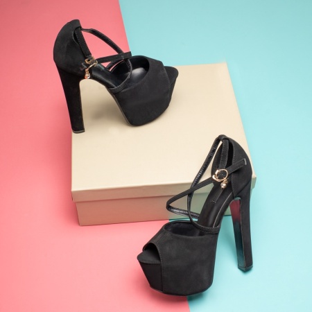 Sandale cu toc si platforma, Sandale dama cu toc si platforma negru suede MOD12694, modlet.ro