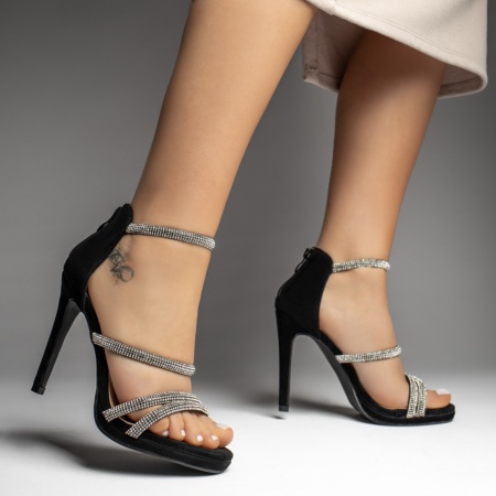 Sandale dama cu toc subtire si strasuri negre suede LIA32, 2, modlet.ro