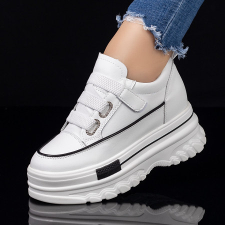 Adidasi dama, Sneakers cu siret elastic dama albi cu negru ZEF08122 - zeforia.ro