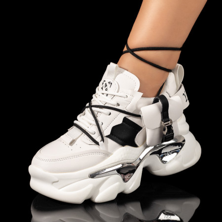 Sneakers dama albi cu negru si accesoriu detasabil MDL10064