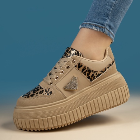 Adidasi dama, Sneakers dama cu accesoriu decorativ si imprimeu khaki MOD13440, modlet.ro