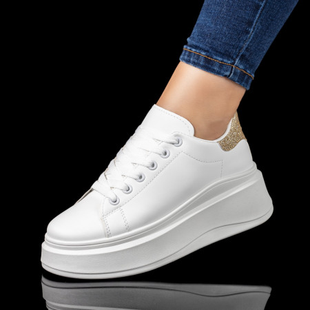Tenisi dama, Tenisi dama cu talpa groasa albi cu auriu glitter MOD10129, modlet.ro