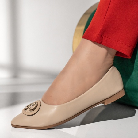 Balerini si Mocasini Dama, Balerini dama cu accesoriu decorativ si talpa joasa bej MOD13040, modlet.ro