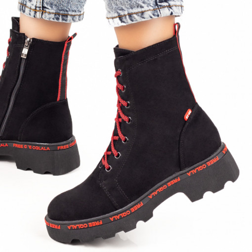 REDUCERI INCALTAMINTE, Bocanci cu talpa groasa negru cu rosu suede de dama MOD07151, modlet.ro