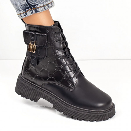 Bocanci negri cu siret si fermoar dama si accesoriu metalic MOD07411, 3, modlet.ro