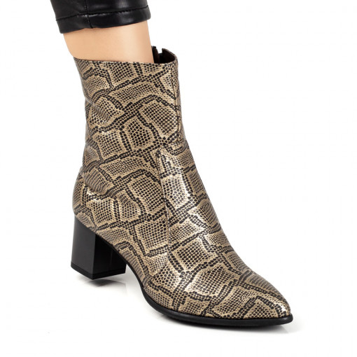 Botine cu toc dama aurii cu print din Piele naturala ZEF07592