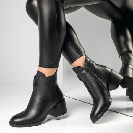 Botine dama, Botine dama cu toc gros negre din Piele naturala MOD12324, modlet.ro